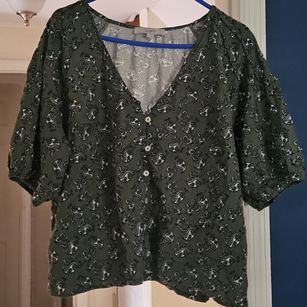 LOFT Forest Green Floral Blouse